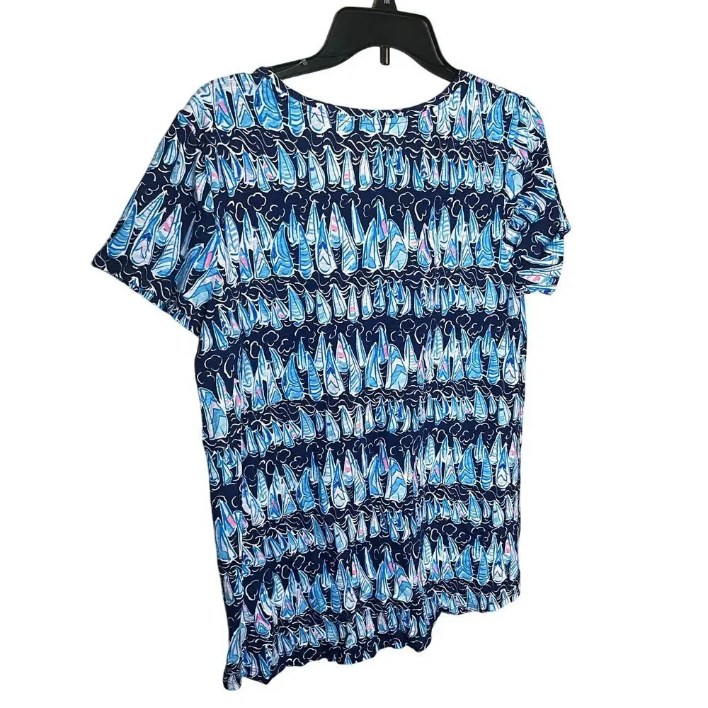Lilly Pulitzer Cotton Sails and Stripes Top V-Neck Short Sleeve Blue Womens Sz L - Picture 2 of 3